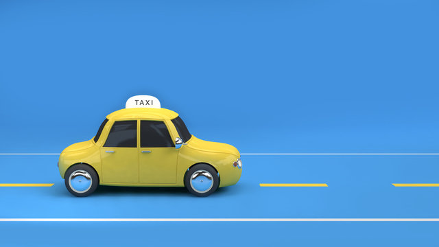 3d rendering yellow taxi cartoon style on road blue scene blue background