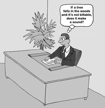 Business cartoon about if a tree falls in the woods, does it make a sound?