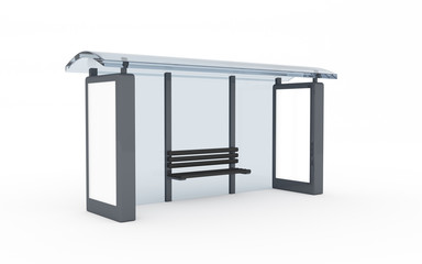 3D rendering of bus stop with blank vertical billboard (light box) isolated on white background