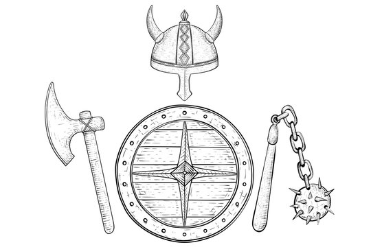 Viking armor set - helmet, shield, flail and axe. Hand drawn sketch