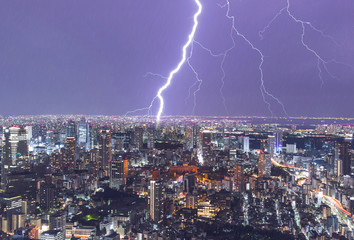 Heavy Thunderstorm and lightning over the night City, Storm and Rain