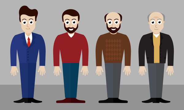 Set of vector illustrations of four men of different ages and in different clothes and with different hair styles - flat
