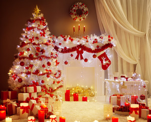 Christmas Tree Lights, Xmas Fireplace Living Room Scene, Holiday Interior Decoration