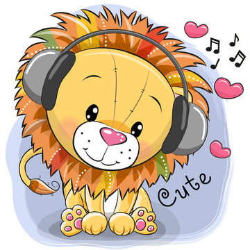 Cute cartoon Lion with headphones and hearts