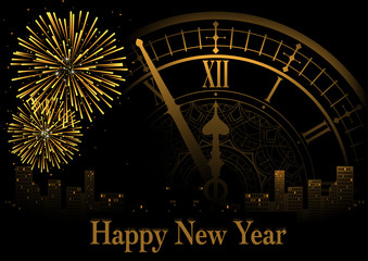 Happy New Year Greeting with Clock and Fireworks over Nigh Skyline in Golden Tones - Illustration, Vector