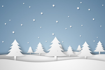 Merry Christmas and Happy New Year , winter landscape , paper art style