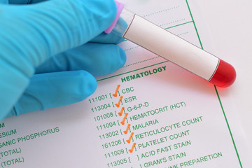 Blood sample with requisition form for hematology test
