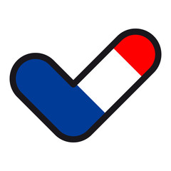 Flag of France in the shape of check mark, sign approval, symbol of elections, voting.