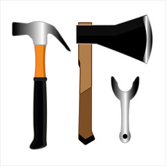 Axe and hammer colored on white background