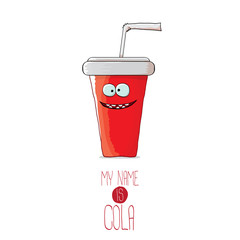 vector funny cartoon cute red party paper cola cup with straw isolated on white background.