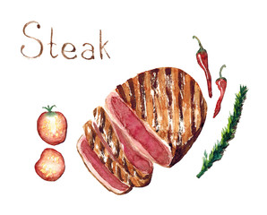 Watercolor hand drawn food illustration of  grilled steak with tomatoes, chili pepper and a rosemary sprig with lettering isolated