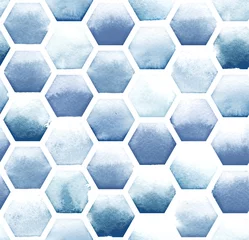 Foto op Plexiglas Blauw wit Zeshoek patroon van blauwe kleuren op witte achtergrond. Aquarel naadloos patroon
