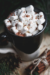 New Year and Christmas concept. Hot chocolate with marshmallow in a clay black and white mug on an old wooden board decorated with spruce branches and cinnamon sticks.