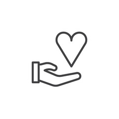 Hand and heart line icon, outline vector sign, linear style pictogram isolated on white. Love and valentine's day symbol, logo illustration. Editable stroke