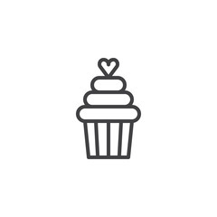 Cupcake with heart line icon, outline vector sign, linear style pictogram isolated on white. Love and valentine's day symbol, logo illustration. Editable stroke