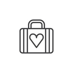 Luggage with heart line icon, outline vector sign, linear style pictogram isolated on white. Symbol, logo illustration. Editable stroke