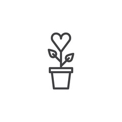 Heart plant in flower pot line icon, outline vector sign, linear style pictogram isolated on white. love growth symbol, logo illustration. Editable stroke