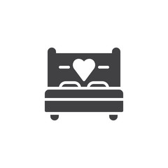 Love bed with heart icon vector, filled flat sign, solid pictogram isolated on white. Sex, making love symbol, logo illustration.