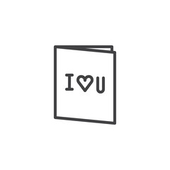 Greeting card with i love you text line icon, outline vector sign, linear style pictogram isolated on white. Valentine's day symbol, logo illustration. Editable stroke