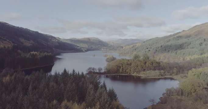 Stunning aerial of of Loch Chon in the Trossachs near Loch Lomond, Scotland