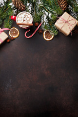 Christmas background with hot chocolate and marshmallow