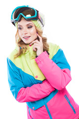 blonde woman in snowboard suite hand on cheek