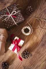christmas gifts on wooden background