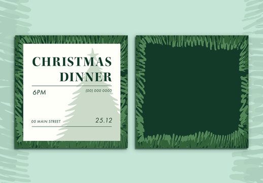 Christmas Dinner Invitation with Green Tree Illustration