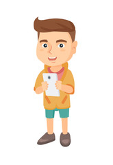 Caucasian boy using a smartphone. Little boy with smartphone. Boy addicted to his smartphone. Smiling boy playing game on mobile phone. Vector sketch cartoon illustration isolated on white background.