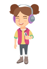 Caucasian girl enjoying music in headphones. Little girl in earphones listening to music with a music player. Vector sketch cartoon illustration isolated on white background.