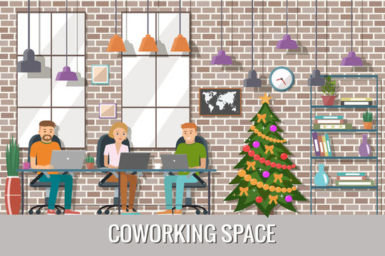 Vector illustration of  co working space. Christmas working plac
