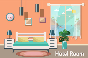 Hotel room with a sea view. Vector flat illustration