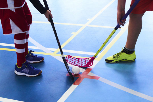 Close view of floorball players during mach n
