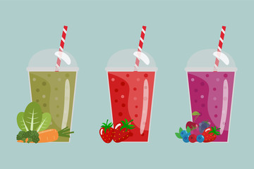 Cartoon smoothies. Strawberry, berry, green  smoothies.