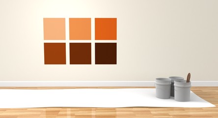 Habitación con pared pintada con diferentes colores y cubos de pintura - 178983637