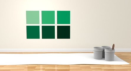 Habitación con pared pintada con diferentes colores y cubos de pintura