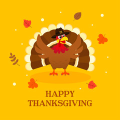 Happy Thanksgiving greeting card vector illustration, Turkey bird on yellow background