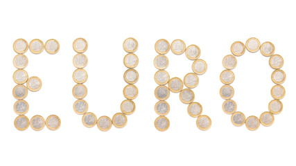 euro word written with coins, the letters are made of one euro currency 