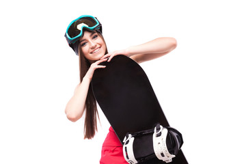 pretty young brunette woman in black short tank top hold snowboard