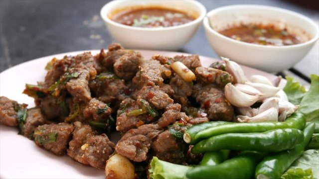 Stir fried beef salad eating, Traditional Thai food