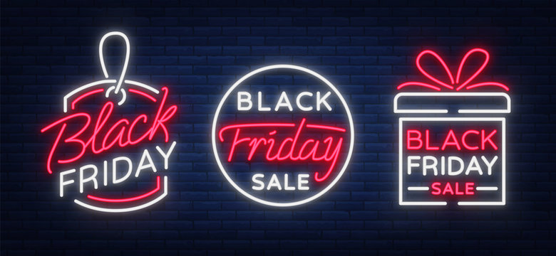 Black Friday set collection neon advertising, discounts, sales, neon bright banner sign. Glowing sign for your projects