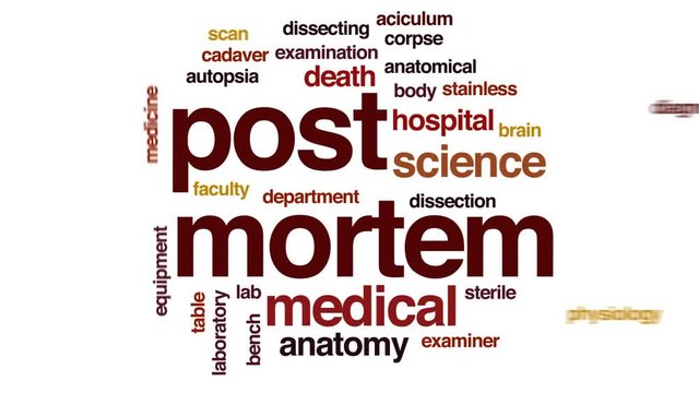 Post mortem animated word cloud, text design animation.