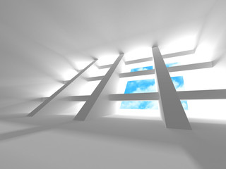 Empty white room interior with window to sky