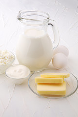 still life with dairy products, milk, eggs, butter with a lot of calcium.