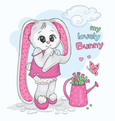 Cute bunny in the garden. Vintage drawing. Romance. Love.