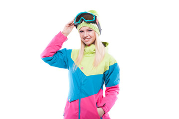 pretty young woman in ski outfit and ski glasses
