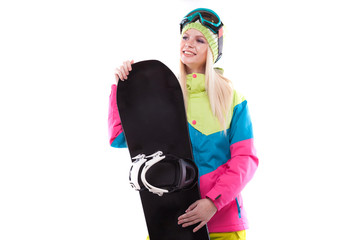 pretty young woman in ski outfit and ski glasses hold snowboard