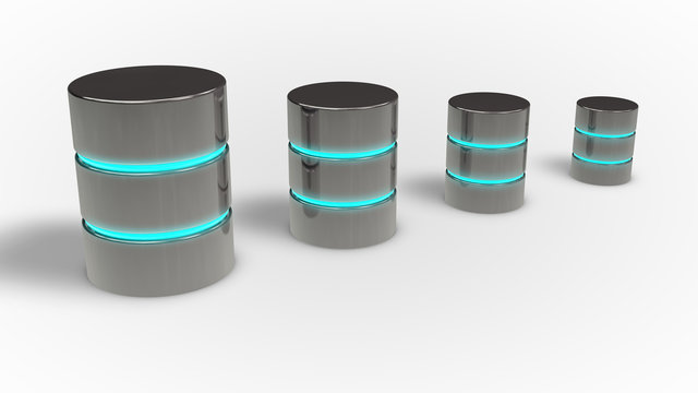 Database growth concept. Four metal icon with blue glow, 3d render
