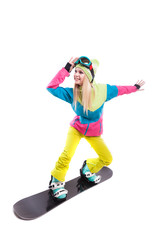 Fototapeta premium beauty young woman in ski suit and ski glasses ride snowboard