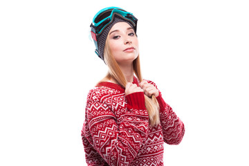 attractive young woman in red pullover and blue ski glasses